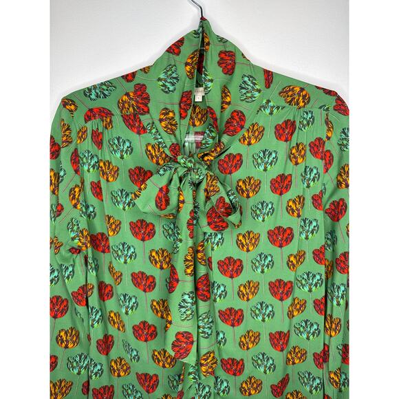 2010s Ann Mashburn Green Floral Printed Bow Blouse size  Small - Picture 3 of 15